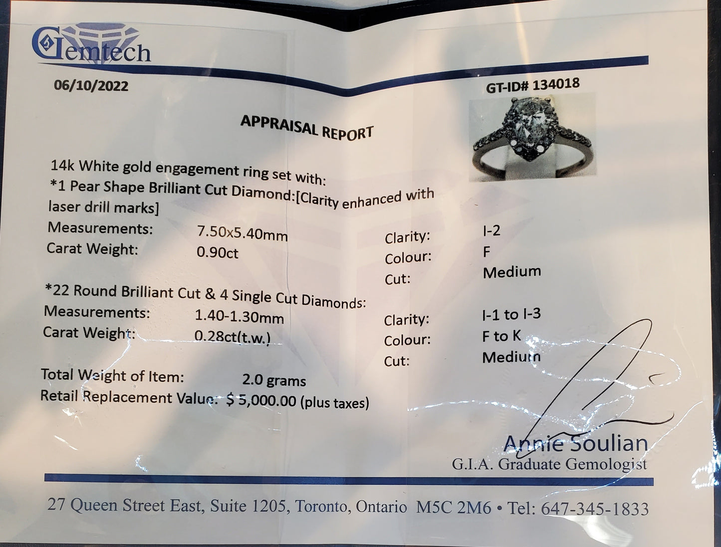 #4921 diamond engagement ring appraised at