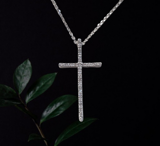 #4357 14kt white gold diamond cross and chain